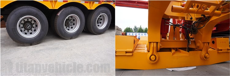 Structural analysis of the gooseneck  The gooseneck part is composed of a traction pin, a lifting hydraulic cylinder, a pin shaft connected with the cargo platform, an eccentric block for fixing the position of the gooseneck, and a gooseneck. The gooseneck part is connected to the cargo platform by articulation, and a pair of lifting hydraulic cylinders are installed between the gooseneck and the cargo platform, which are driven by the hydraulic cylinder to realize the raising and lowering of the cargo platform.  After the cargo platform is raised or lowered, the position of the gooseneck and the cargo platform is fixed by an eccentric device. The eccentric device is welded by 16 Mn steel plate and steel pipe. It is installed in the hollow part of the gooseneck web and is connected to the gooseneck through a pin. The eccentric device has 2 plane positions through which it is in contact with the upper surface of the cargo platform. The lower position is the lowest position of the trailer, that is, the cargo platform is in contact with the ground; when the cargo platform is raised, under the action of gravity, the right plane Turning to the bottom, the oil pressure can be unloaded at this time, and the load is completely carried by the eccentric device. This position corresponds to the highest cargo platform.